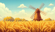 © Aisyaqilumar - Cartoon illustration of a windmill in a field of wheat. The sky is blue and there are some clouds.