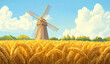 © Aisyaqilumar - Cartoon illustration of a windmill in a field of wheat. The sky is blue and there are some clouds.