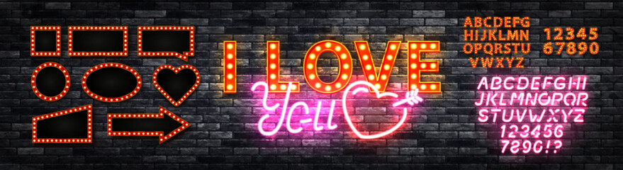 Wall Mural - vector neon sign of i love you with neon alphabet and billboards isolated on wall background.
