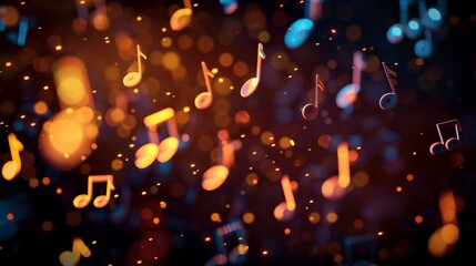 colorful musical notes background, black backdrop, bokeh effect, golden note, music event, singing, concert, abstract art, party design, blurred lights