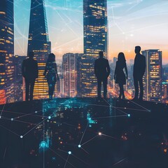 Wall Mural - silhouetted business people against futuristic city skyline with data connections and digital elemen