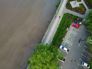 Wall Mural - High Angle View of Newport City on River Usk Wales, United Kingdom During Sunset. Aerial Footage Was Captured with Drone's Camera on May 27th, 2024