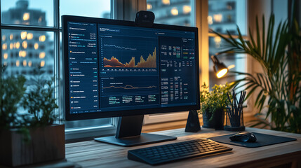 Poster - Financial data displaying on desktop computer screen in cozy home office at night