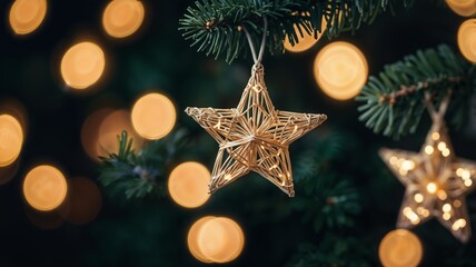 Christmas Lights. Stars String Hanging At Fir Branches In abstract defocused background. Place for the text