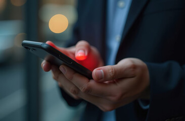 Man holding hacked smartphone, network hack. Cyber hack red warning alert on smartphone screen.