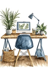 Hand painted illustration of a home office table, chair, and plants in a workplace interior isolated on a white background.