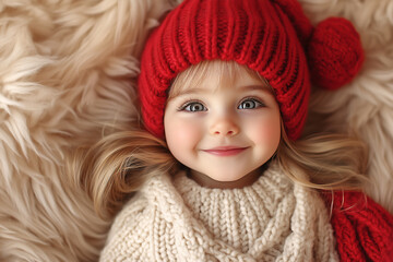 Wall Mural - Adorable Smiling Little Girl wearing a red knit hat, lying on a beige blanket, with a warm and cozy feel	
