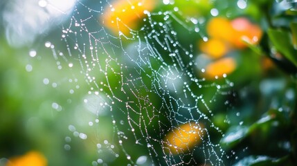 Photograph a close-up of raindrops on a spider web in a garden.