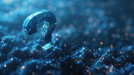 A digital question mark in a futuristic blue and dark blue environment.