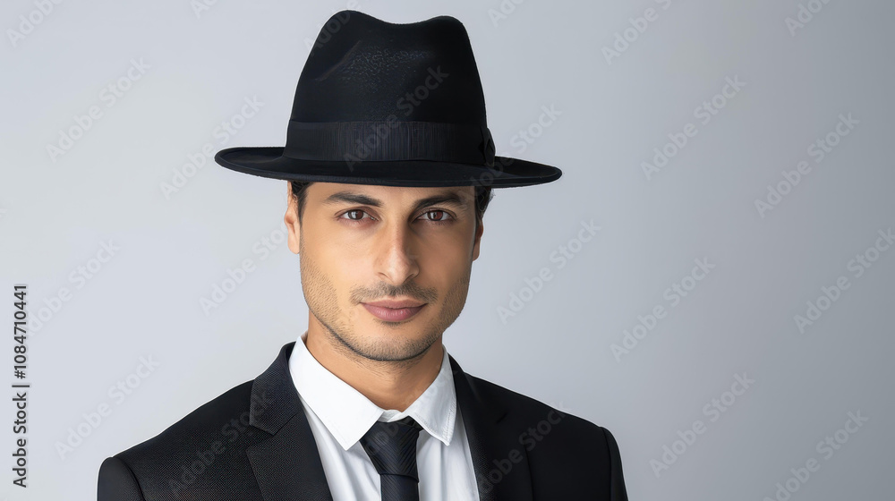 A serious man dons a hat, sporting a dark suit paired with a classic white shirt and career tie, showcasing tech elegance.