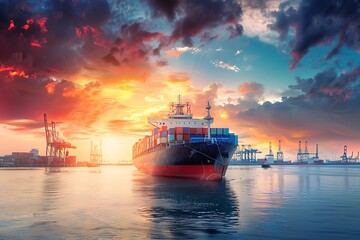 Cargo ship in the port at sunset. Transportation and logistics background