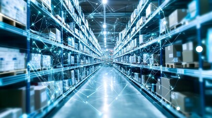 Wall Mural - modern warehouse interior with shelving, boxes, and digital network connection representing efficien