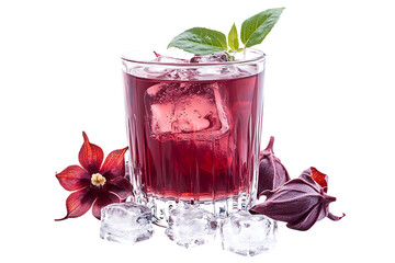 Roselle flower juice in glass with ice isolated png on a transparent background