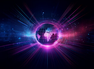 Wall Mural - A glowing digital Earth surrounded by radiating light streaks and data streams, symbolizing global connectivity and technological advancement.