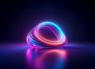 Wall Mural - glowing neon pink and blue rings intertwine, creating a dynamic, abstract form reflected on a dark s