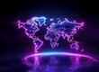 © joeycheung - A vibrant, glowing world map depicted in shades of purple and blue, illustrating global connectivity and network infrastructure.  The map is surrounded by a bright, circular base.