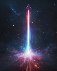 Wall Mural - on a dark background, an arrow points upwards surrounded by light trails and energy particles