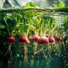 Wall Mural - a close-up of aquaponically grown vegetables, their roots suspended in nutrient-rich water