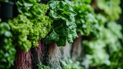 Wall Mural - a collection of leafy greens and herbs growing vertically, their roots visible in a hydroponic setup
