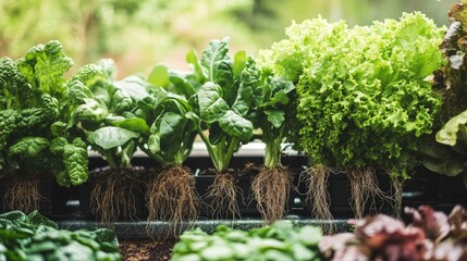 Wall Mural - a collection of leafy greens and herbs growing vertically, their roots visible in a hydroponic setup