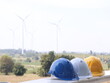 © Putt_Sanplee - A construction or outdoor safety helmet. White, yellow and blue with a large windmill on the back.