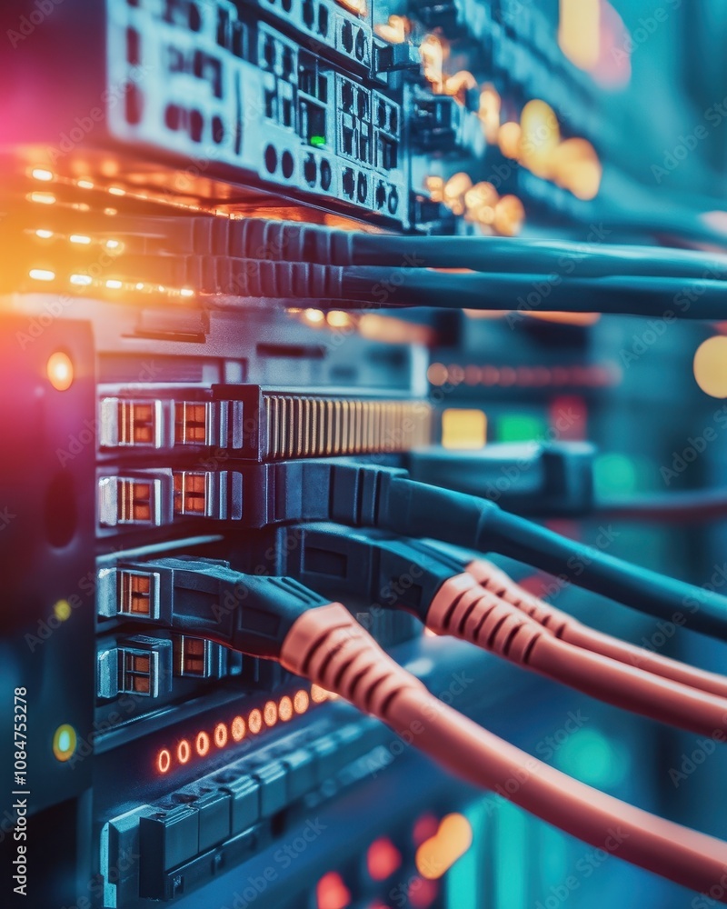 LAN switch and ethernet cables in rack cabinet, information and ...