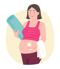 Wall Mural - Active Pregnant Woman Holding Exercise Mat and Water Bottle for Doing Yoga Exercise for Prenatal Health Concept Illustration