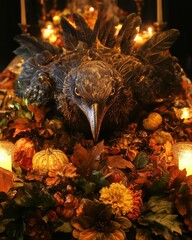 A majestic bird takes center stage on a festive table adorned with autumn foliage and glowing candles, celebrating a sumptuous holiday banquet