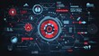 © Puttipong - Abstract digital technology background with data visualization elements such as graphs, icons, and charts in shades of red and blue on a dark backdrop for futuristic applications