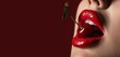 © Pixel-Shot - Beautiful sexy woman with red lips and cherry on dark background with space for text, closeup