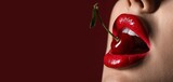 Beautiful sexy woman with red lips and cherry on dark background with space for text, closeup