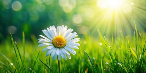 Canvas Print - A beautiful daisy flower nestled in the lush green grass , daisy, flower, grass, nature, bright, vibrant, spring, summer, meadow