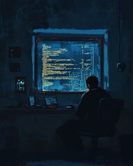 A lone hacker sits in a dark room, staring at a screen displaying lines of code and data.