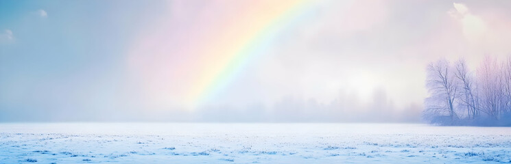 Wall Mural - A serene winter landscape featuring a soft rainbow over a snowy field.