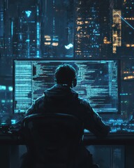 a lone hacker sits in a dark room, staring at a screen displaying lines of code and data.