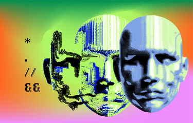 Aufkleber - Conceptual vector illustration portraying overlapping faces in vivid blue and green tones, symbolizing the gradual breakdown of identity and information through pixelated distortion.
