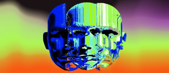 Aufkleber - Conceptual vector illustration portraying overlapping faces in vivid blue and green tones, symbolizing the gradual breakdown of identity and information through pixelated distortion.