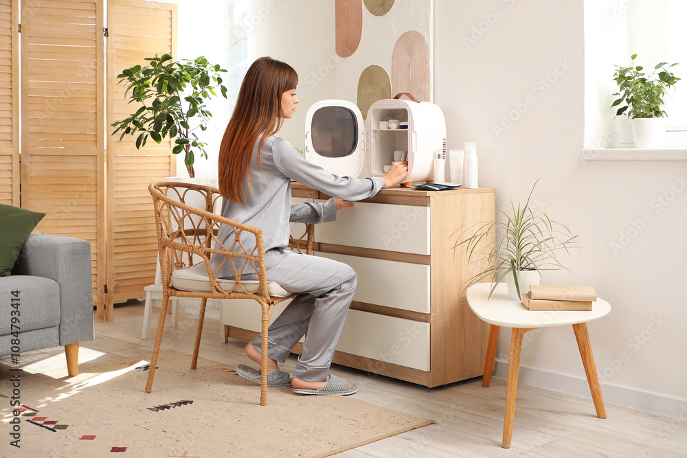 Beautiful young woman taking cosmetics from refrigerator at home