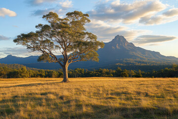 Canvas Print - A serene landscape featuring a solitary tree and a majestic mountain in the background.