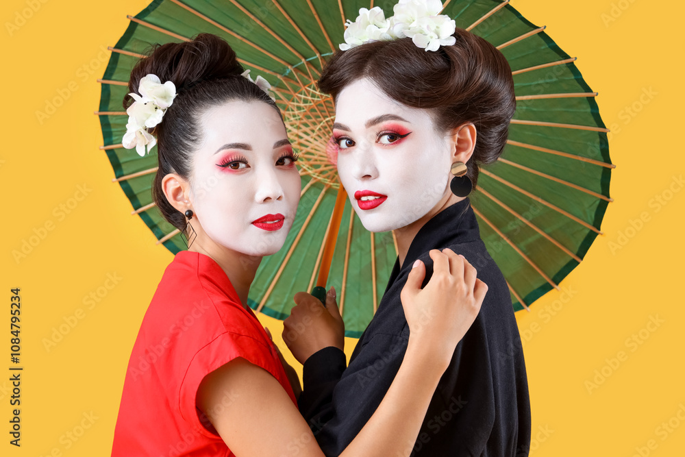 Beautiful young geishas with parasol on yellow background