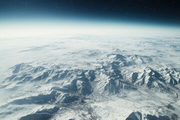 Wall Mural - Aerial view of snow-covered mountains under a starry sky.