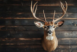 A mounted deer head displayed against a wooden wall, showcasing taxidermy artistry.