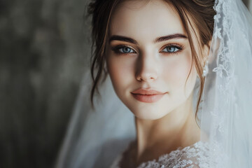 Wall Mural - A close-up portrait of a bride in a wedding veil, showcasing beauty and elegance.