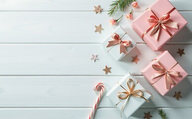 Pink and white gift boxes with rose gold ribbon on light blue wood.