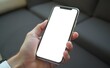 © ASGraphicsB24 - Mockup image of a hand holding black mobile phone with blank white screen