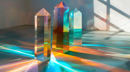 Three Prisms Cast Colorful Light Streaks on a Concrete Floor in a Minimalist Studio Setting