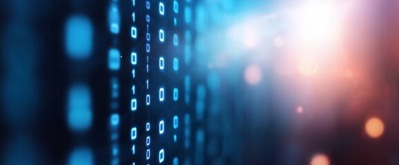 Abstract binary code background with glowing lights.