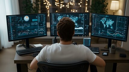 A focused individual analyzes data on multiple screens in a modern workspace. The ambiance is enhanced by soft lighting for a productive atmosphere.