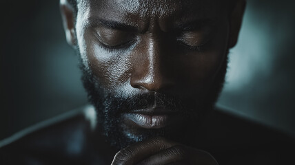 Wall Mural - A man with a beard is looking down and appears to be in deep thought. The image has a mood of contemplation and introspection