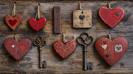 Rustic wooden hearts and vintage keys on weathered wood evoke sense of nostalgia and romance.